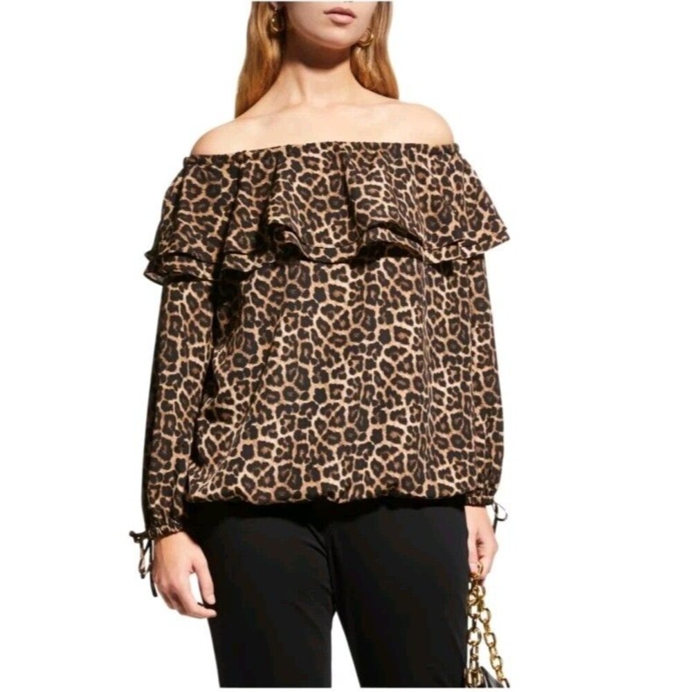 Michael Kors Blouse Leopard Off Shoulder Long Sleeve Ruffle Top Plus Sz 3X NWOT